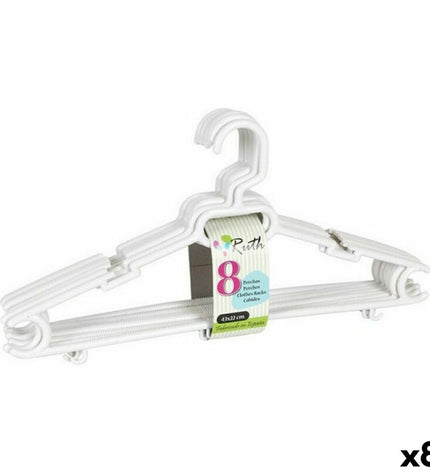 Set of 8 plastic clothing hangers by Dem, Ruth Dem, measuring 43x22x6 cm, for closet organization and storage.