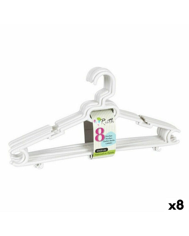 Set of 8 plastic clothing hangers by Dem, Ruth Dem, measuring 43x22x6 cm, for closet organization and storage.