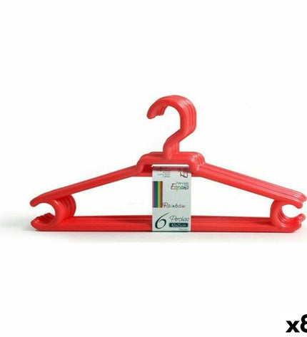 Confortime Rainbow plastic clothing hangers with six pieces, 42 x 21 cm, used for home organization and storage.