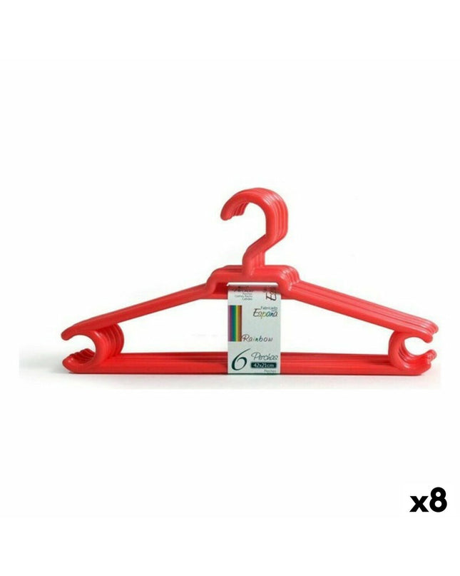Confortime Rainbow plastic clothing hangers with six pieces, 42 x 21 cm, used for home organization and storage.