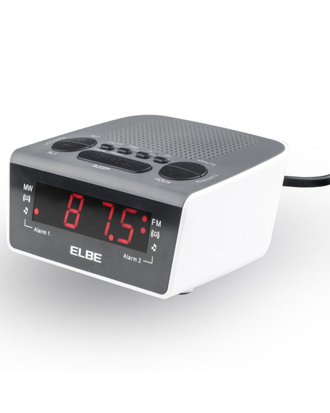 ELBE CR-932 AM/FM radio alarm clock in white with digital display and control buttons on top.