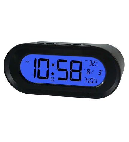 ELBE black radio alarm clock with thermometer, electronic audio and hi-fi device showing digital display and control buttons.