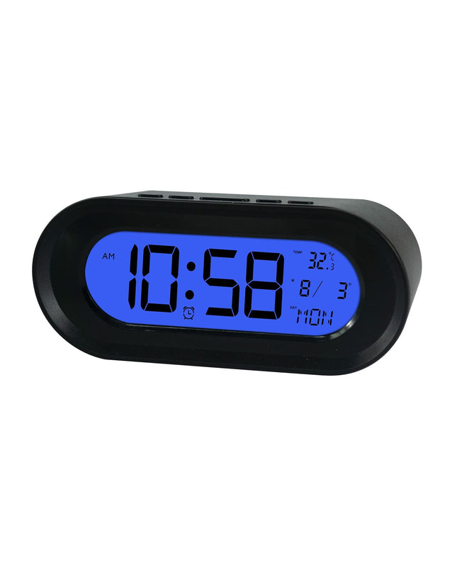 ELBE black radio alarm clock with thermometer, electronic audio and hi-fi device showing digital display and control buttons.