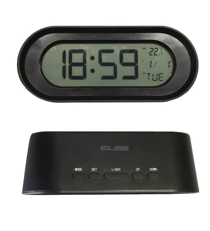 Black ELBE radio alarm clock with thermometer display, featuring digital buttons and a sleek electronic design.