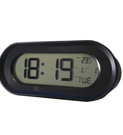 Black ELBE radio alarm clock with thermometer, featuring digital display and audio controls, designed for bedside use.