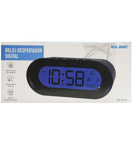 ELBE black radio alarm clock with thermometer display, electronic audio and hifi device with digital controls and time display.