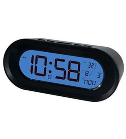 ELBE black radio alarm clock with built-in thermometer, electronic audio and hifi device, digital display and control buttons