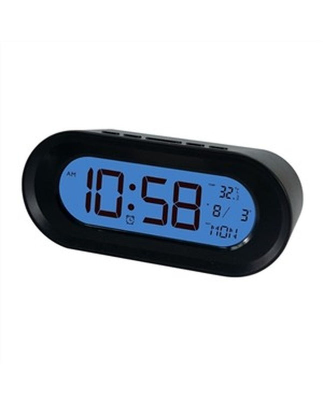 ELBE black radio alarm clock with built-in thermometer, electronic audio and hifi device, digital display and control buttons