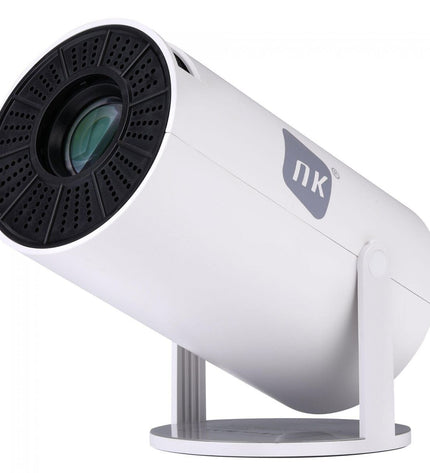 NK projector TV in a home theater setup, showing a colorful video display on a wall with various electronic accessories nearby.