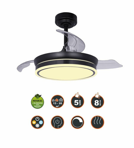 CristalRecord plafondventilator in zwart with metal blades, mounted on ceiling, for home cooling and air circulation.