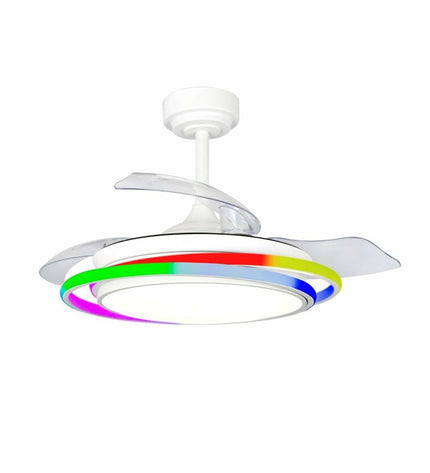 CristalRecord Antila Mini RGB WH Retrac ceiling fan with remote control, white finish, compact design for home cooling.