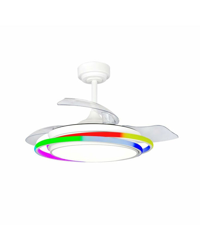 CristalRecord Antila Mini RGB WH Retrac ceiling fan with remote control, white finish, compact design for home cooling.