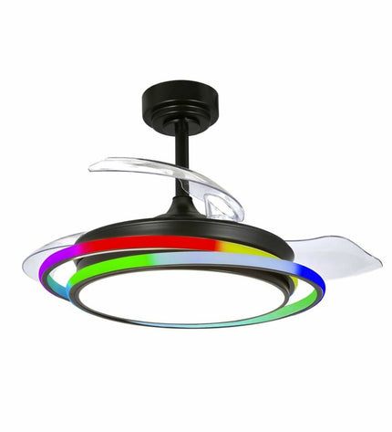 CristalRecord ANTILA MINI RGB BK RETRAC black ceiling fan with integrated lighting and remote control, suitable for home and kitchen.