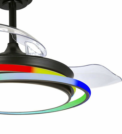 CristalRecord ANTILA MINI RGB BK RETRAC black ceiling fan with integrated lighting, designed for home cooling and air circulation.