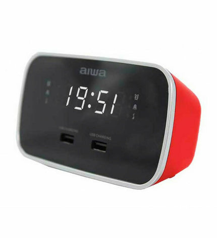 Aiwa CRU-19RD radio alarm clock in red, featuring a digital display, control buttons, and a sleek electronic design.