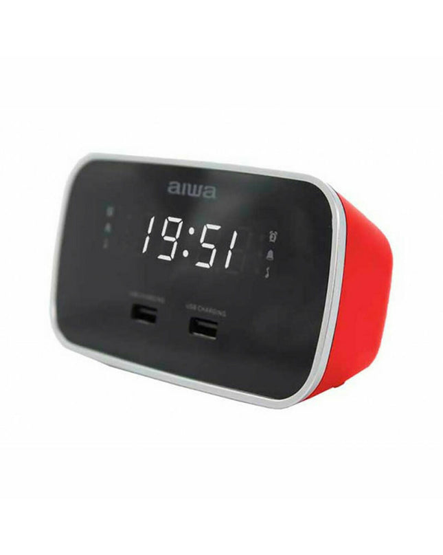 Aiwa CRU-19RD radio alarm clock in red, featuring a digital display, control buttons, and a sleek electronic design.
