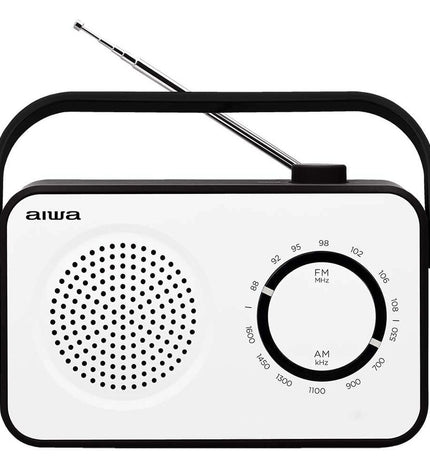 Aiwa R190BW portable transistor radio with AM/FM bands, compact electronic toy with a black and white design.