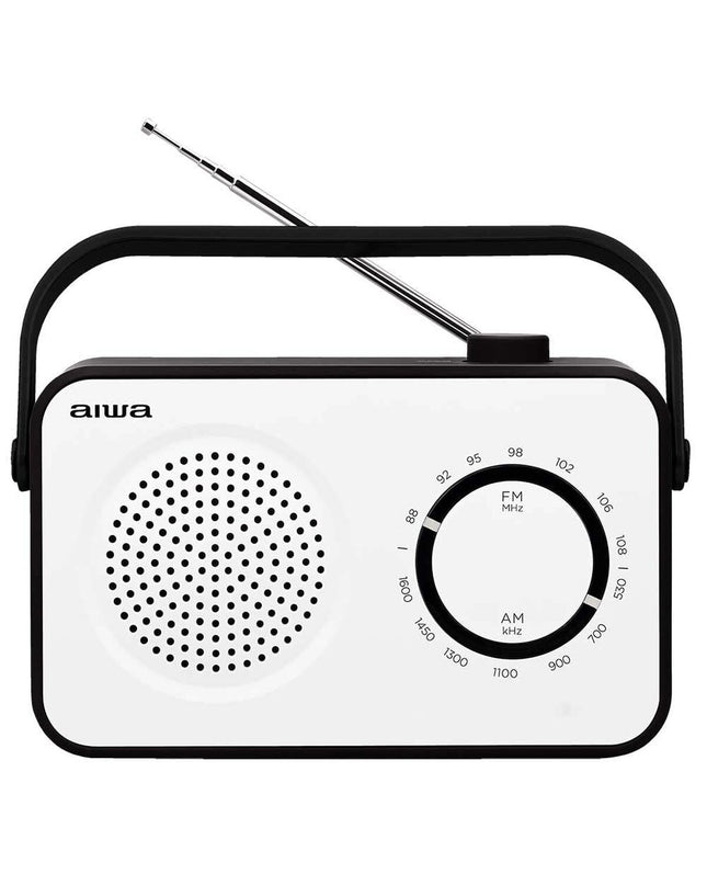 Aiwa R190BW portable transistor radio with AM/FM bands, compact electronic toy with a black and white design.