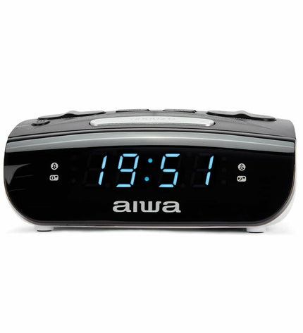 Black Aiwa CR-15 radio alarm clock with digital display and control buttons, part of audio and hifi electronics.