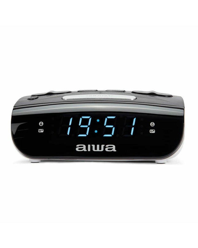 Black Aiwa CR-15 radio alarm clock with digital display and control buttons, part of audio and hifi electronics.