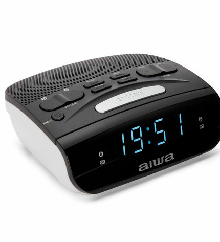 Black Aiwa CR-15 radio alarm clock with digital display and control buttons, designed for electronic audio and hi-fi use.