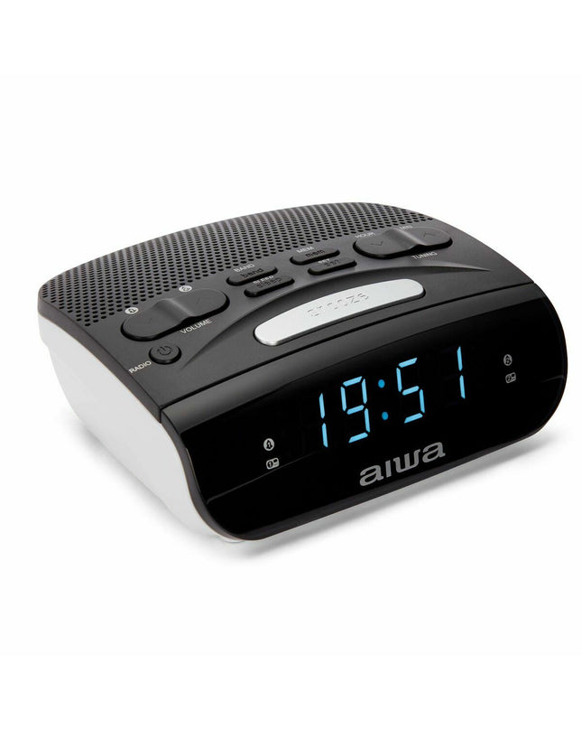 Black Aiwa CR-15 radio alarm clock with digital display and control buttons, designed for electronic audio and hi-fi use.