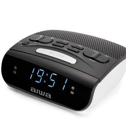 Black Aiwa CR-15 radio alarm clock showing digital display and control buttons on top.