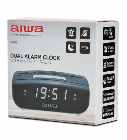 Aiwa CR-15 black radio alarm clock with digital display and control buttons, part of electronic audio and hifi equipment.