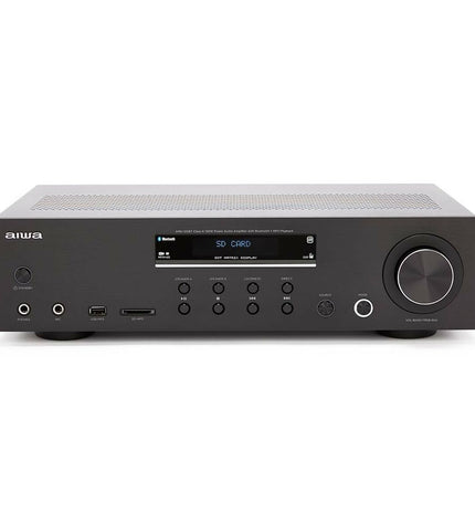 Aiwa AMU120BTBK 120W black speakers with modern design, featuring control buttons and a compact audio setup.
