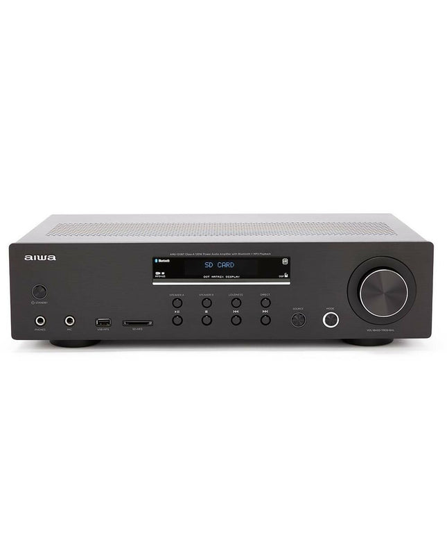 Aiwa AMU120BTBK 120W black speakers with modern design, featuring control buttons and a compact audio setup.