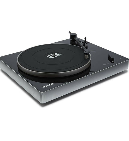 Black Aiwa APX680BT turntable with tonearm and control buttons, part of audio and hi-fi equipment.