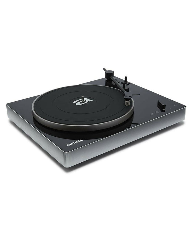 Black Aiwa APX680BT turntable with tonearm and control buttons, part of audio and hi-fi equipment.