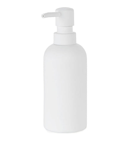 White ABS soap dispenser by Andrea House with polyresin accents, 330 ml capacity, designed for bathroom and kitchen use.