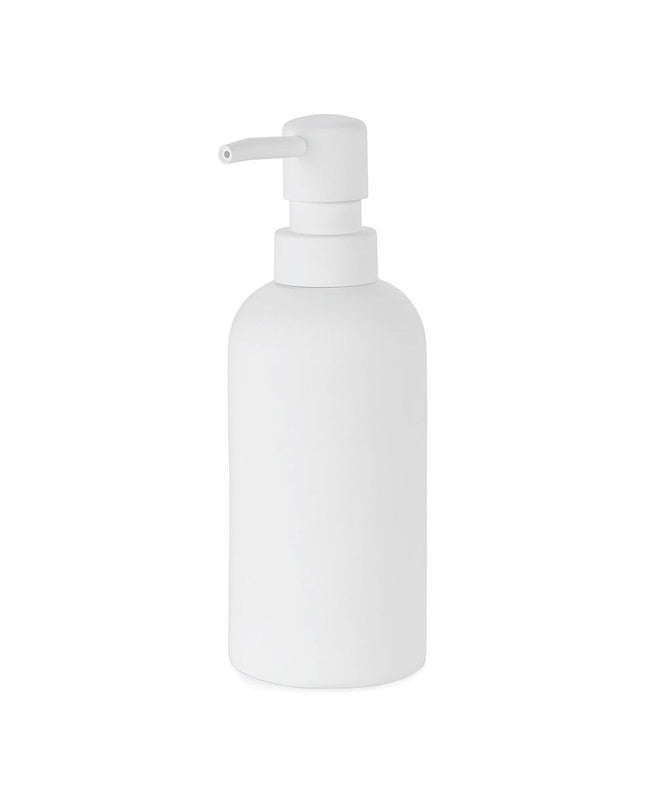 White ABS soap dispenser by Andrea House with polyresin accents, 330 ml capacity, designed for bathroom and kitchen use.