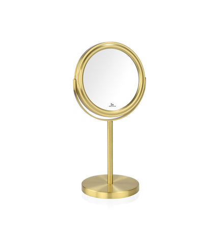 Andrea House gold toilet brush in a bathroom setting with a sleek handle and round base for effective cleaning.