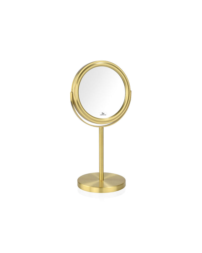 Andrea House gold toilet brush in a bathroom setting with a sleek handle and round base for effective cleaning.