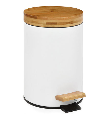 Andrea House white metal and bamboo pedal bin with 3-liter capacity, round shape, and sleek design for home storage.