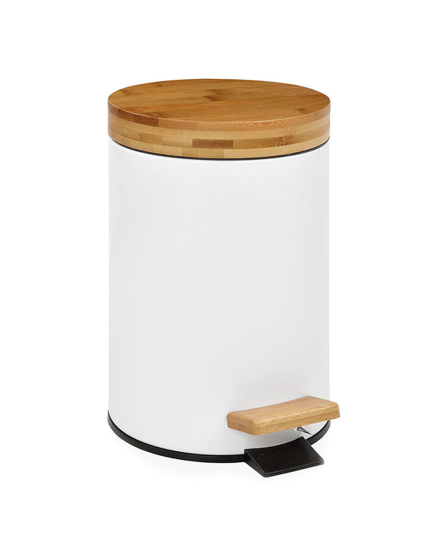 Andrea House white metal and bamboo pedal bin with 3-liter capacity, round shape, and sleek design for home storage.