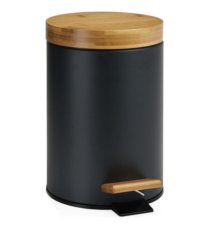 Andrea House black matte metal and bamboo pedal bin, 3L capacity, Ø 17 x 26 cm, for home storage and kitchen organization.