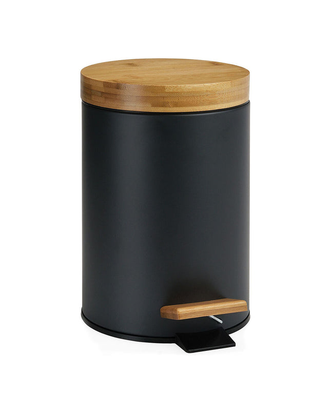 Andrea House black matte metal and bamboo pedal bin, 3L capacity, Ø 17 x 26 cm, for home storage and kitchen organization.