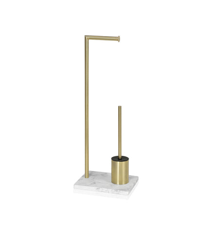 Gold toilet paper holder with brush stand from Andrea House, mounted on a bathroom wall, featuring elegant design.