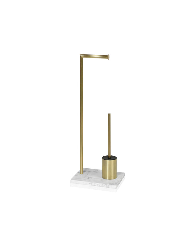 Gold toilet paper holder with brush stand from Andrea House, mounted on a bathroom wall, featuring elegant design.