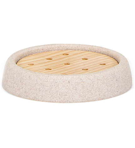 Andrea House Zeepschaal in essenhout and zandsteen, round soap dish, 10.5 cm diameter, suitable for bathroom and kitchen use
