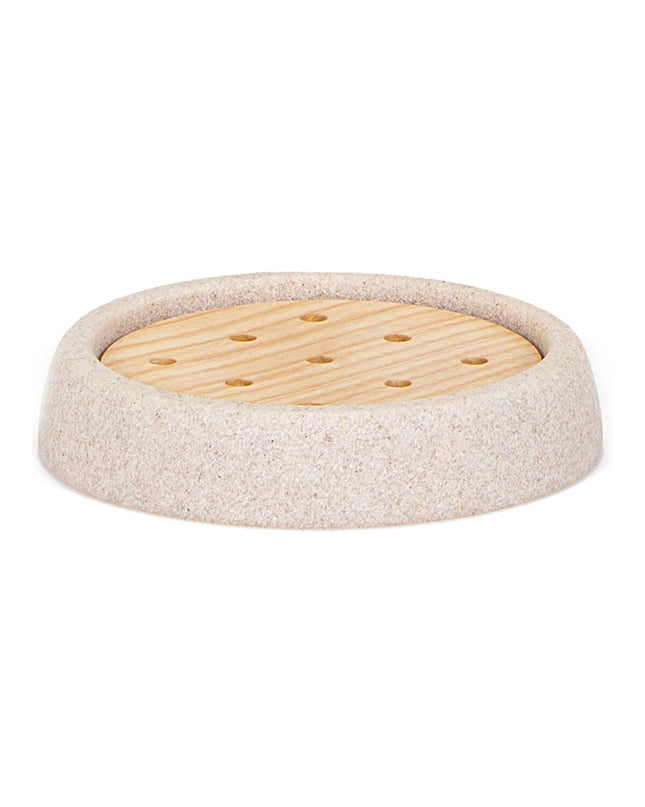 Andrea House Zeepschaal in essenhout and zandsteen, round soap dish, 10.5 cm diameter, suitable for bathroom and kitchen use