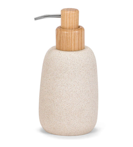 Andrea House Zeepdispenser in essenhout and zandsteen, 280 ml, bathroom and kitchen soap dispenser, cylindrical design.
