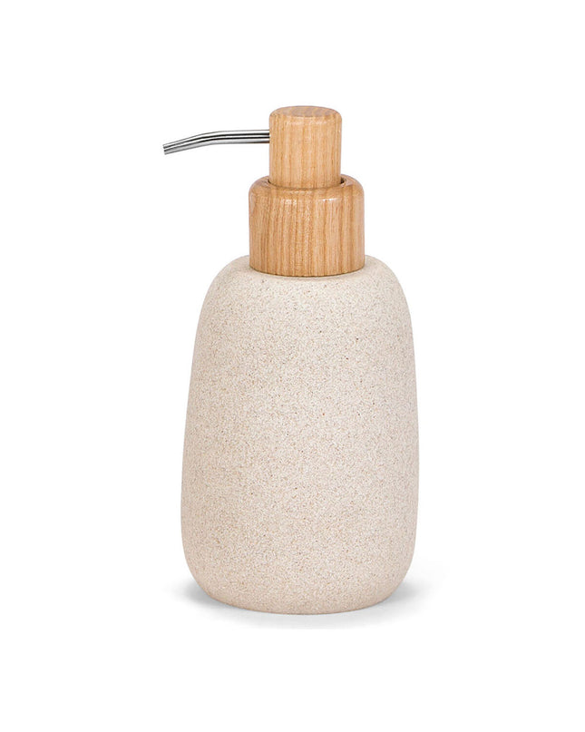 Andrea House Zeepdispenser in essenhout and zandsteen, 280 ml, bathroom and kitchen soap dispenser, cylindrical design.