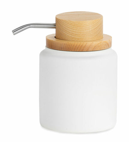 White polyresin soap dispenser with wood finish, Andrea House BA22084, 300 ml, suitable for bathroom and kitchen use