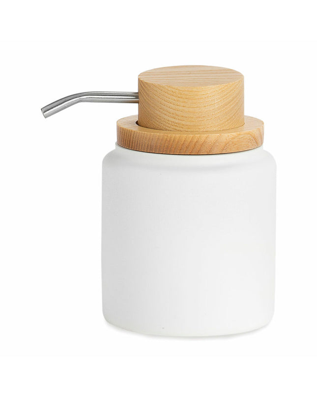 White polyresin soap dispenser with wood finish, Andrea House BA22084, 300 ml, suitable for bathroom and kitchen use