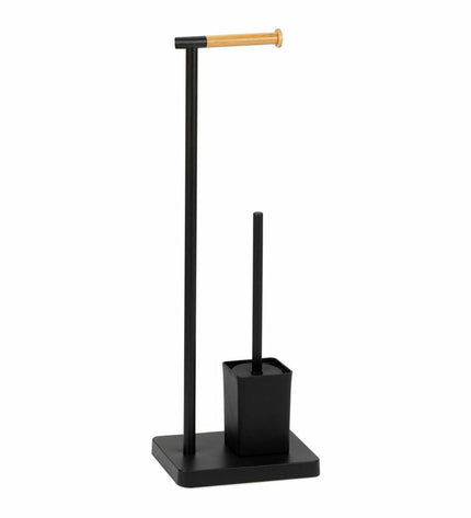Andrea House toilet paper holder with brush stand in metal, mounted in a bathroom setting with a modern design.