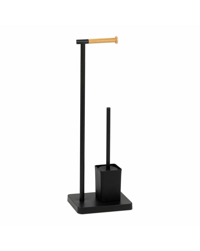 Andrea House toilet paper holder with brush stand in metal, mounted in a bathroom setting with a modern design.